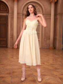 SHEIN MOD Lace Up Front Ruffle Trim Cami Dress - Beige - View 3