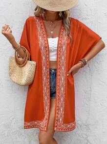 SHEIN VCAY Kimono con estampado geométrico de manga murciélago con parte delantera abierta - Naranja - Ver 1
