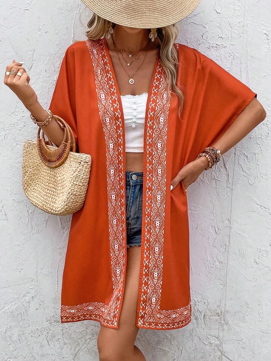 SHEIN VCAY Kimono con estampado geométrico de manga murciélago con parte delantera abierta - Naranja - Ver 1
