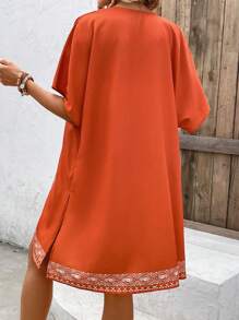 SHEIN VCAY Kimono con estampado geométrico de manga murciélago con parte delantera abierta - Naranja - Ver 2