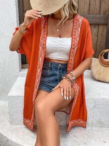 SHEIN VCAY Kimono con estampado geométrico de manga murciélago con parte delantera abierta - Naranja - Ver 5