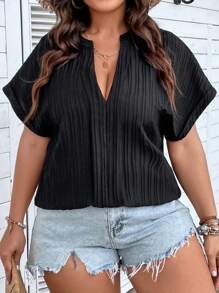 Calvaya Blusa de cuello de muesca de manga murciélago - Negro - Ver 4