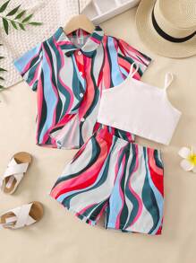 SHEIN Toddler Girls Solid Cami Top & Allover Print Shorts & Button Up Shirt