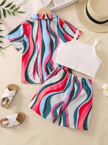 SHEIN Toddler Girls Solid Cami Top & Allover Print Shorts & Button Up Shirt