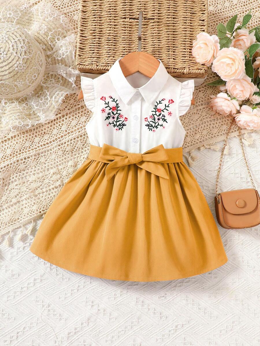 嬰兒花卉刺繡荷葉邊腰帶襯衫洋裝