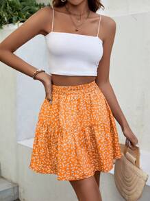 SHEIN VCAY Ditsy Floral Print Ruffle Hem Skirt - Yellow - View 3