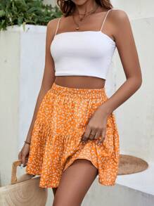 SHEIN VCAY Ditsy Floral Print Ruffle Hem Skirt - Yellow - View 4