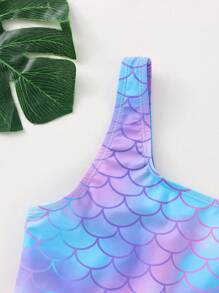 Tween Girl Fish Scales Frill Trim Bow Front Bikini Set Summer Beach - Multicolor - View 7