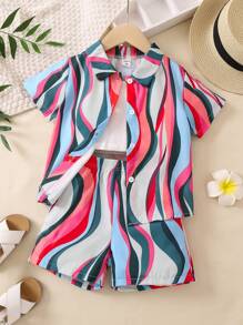 SHEIN Toddler Girls Solid Cami Top & Allover Print Shorts & Button Up Shirt