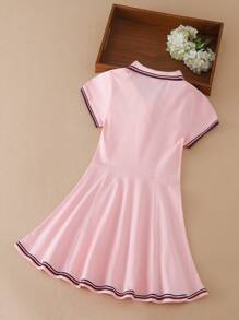 女孩字母刺繡條紋飾邊Polo領連衣裙 - 淺粉色 - 查看 2