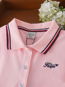 女孩字母刺繡條紋飾邊Polo領連衣裙 - 淺粉色 - 查看 3