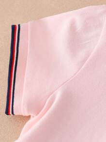 女孩字母刺繡條紋飾邊Polo領連衣裙 - 淺粉色 - 查看 4