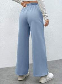 SHEIN PETITE 腰部抽繩闊腿衛褲 - 淺藍色 - 查看 2