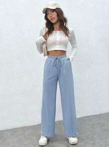SHEIN PETITE 腰部抽繩闊腿衛褲 - 淺藍色 - 查看 3