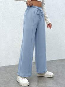 SHEIN PETITE 腰部抽繩闊腿衛褲 - 淺藍色 - 查看 4