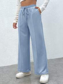 SHEIN PETITE 腰部抽繩闊腿衛褲 - 淺藍色 - 查看 5