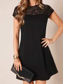 SHEIN Clasi Lace Yoke Solid Dress