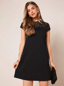 SHEIN Clasi Lace Yoke Solid Dress