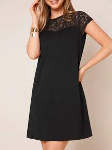 SHEIN Clasi Lace Yoke Solid Dress