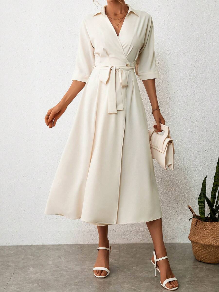 SHEIN Privé Đầm Trọn gói Thắt lưng màu trơn Thanh lịch - Màu be - Xem 1