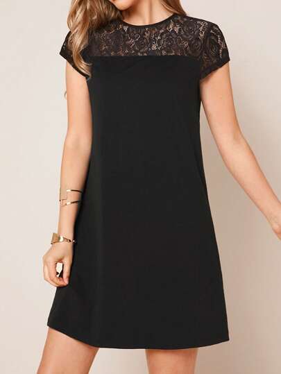 SHEIN Clasi Lace Yoke Solid Dress