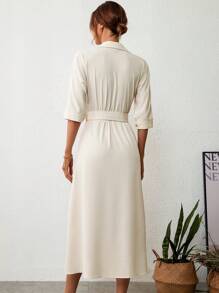 SHEIN Privé Đầm Trọn gói Thắt lưng màu trơn Thanh lịch - Màu be - Xem 2