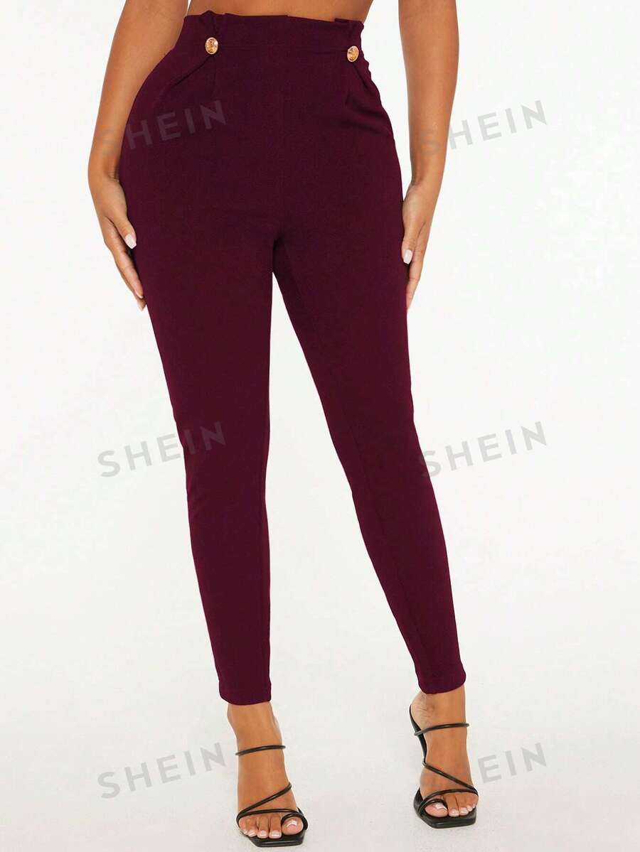 SHEIN PETITE Paperbag Waist Button Detail Skinny Pants for Sale New
