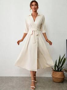 SHEIN Privé Đầm Trọn gói Thắt lưng màu trơn Thanh lịch - Màu be - Xem 3