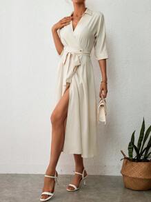 SHEIN Privé Đầm Trọn gói Thắt lưng màu trơn Thanh lịch - Màu be - Xem 5