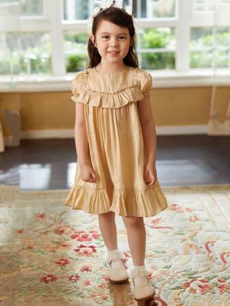 Toddler Girls Puff Sleeve Ruffle Hem Smock Dress