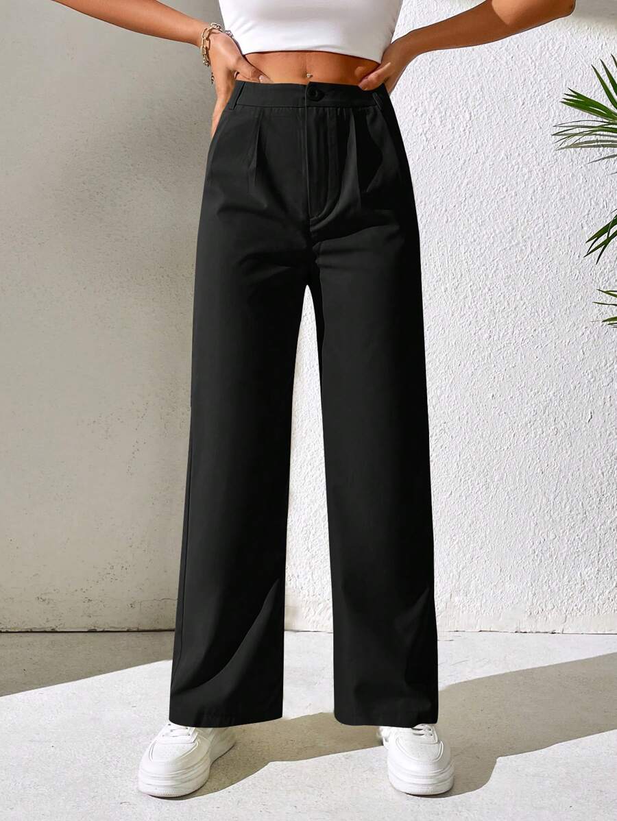 SHEIN PETITE Quần nữ Nút Túi Dây kéo màu trơn Giải trí - màu đen - Xem 1
