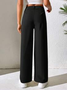 SHEIN PETITE Quần nữ Nút Túi Dây kéo màu trơn Giải trí - màu đen - Xem 2