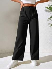 SHEIN PETITE Quần nữ Nút Túi Dây kéo màu trơn Giải trí - màu đen - Xem 4