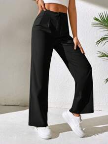 SHEIN PETITE Quần nữ Nút Túi Dây kéo màu trơn Giải trí - màu đen - Xem 5