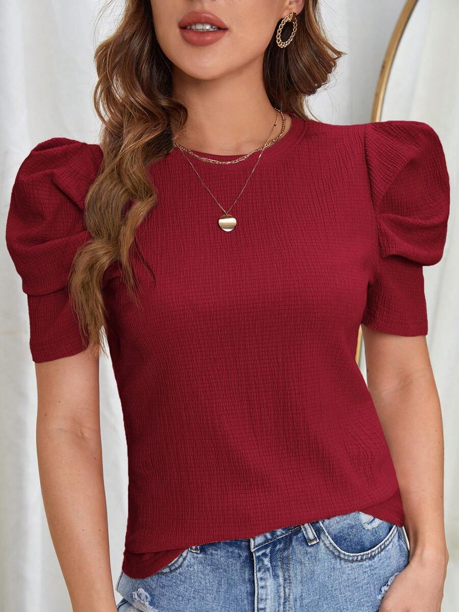 SHEIN Clasi Puff Sleeve Solid Tee - Burgundy - View 1