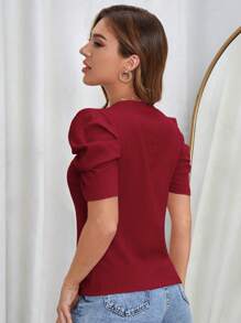 SHEIN Clasi Puff Sleeve Solid Tee - Burgundy - View 2