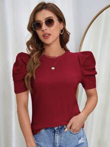 SHEIN Clasi Puff Sleeve Solid Tee - Burgundy - View 3