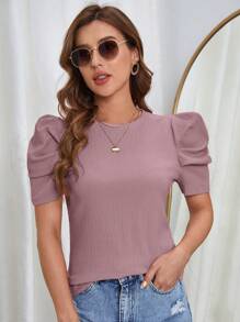 SHEIN Clasi Camiseta unicolor de manga farol - Púrpura polvoriento - Ver 5
