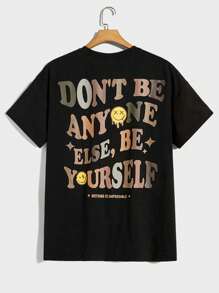 EASEVO Men Plus Slogan & Cartoon Face Print Drop Shoulder Tee - Black - View 1