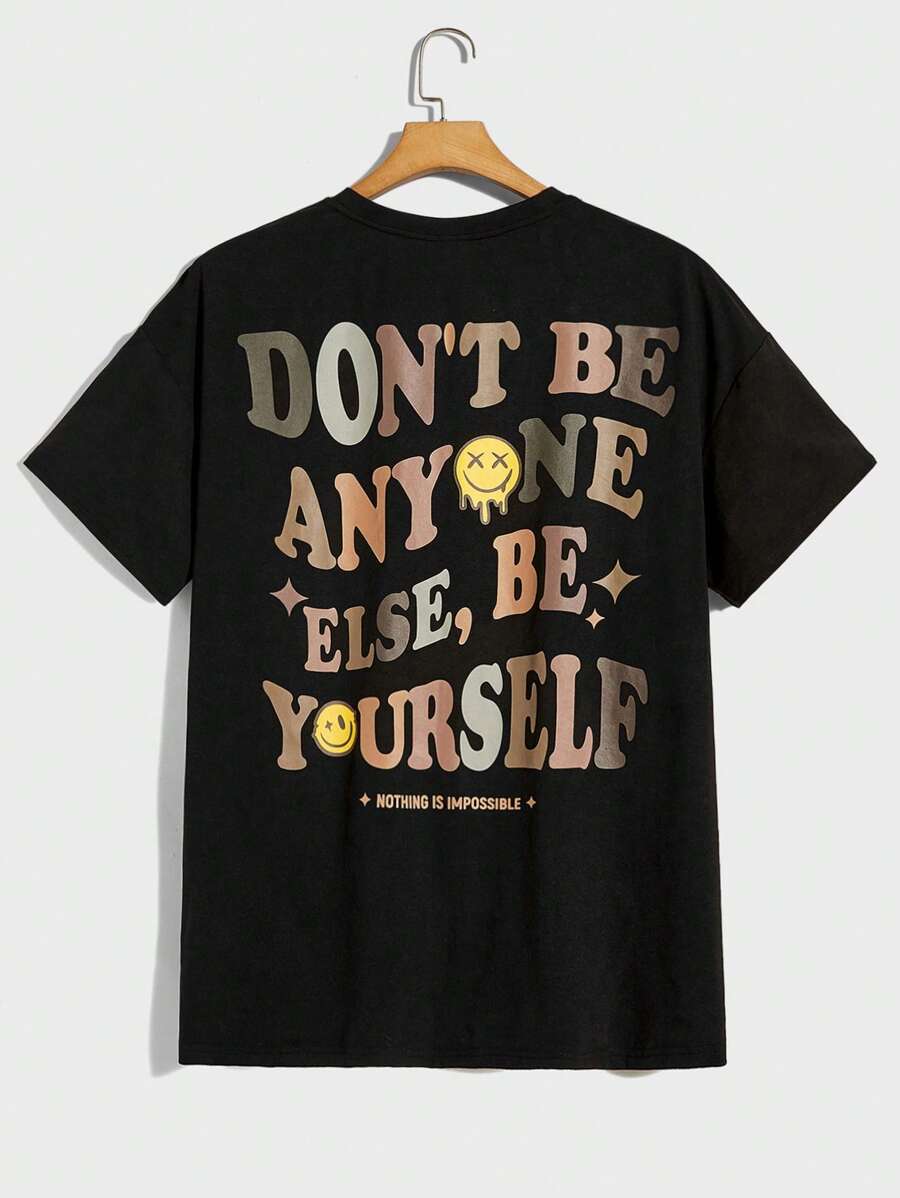 EASEVO Men Plus Slogan & Cartoon Face Print Drop Shoulder Tee - Black - View 1