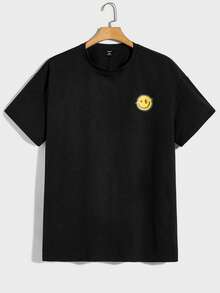 EASEVO Men Plus Slogan & Cartoon Face Print Drop Shoulder Tee - Black - View 2