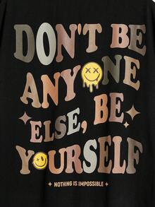 EASEVO Men Plus Slogan & Cartoon Face Print Drop Shoulder Tee - Black - View 3