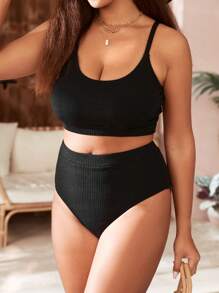 Swim Vcay Summer Beach Plus Size Solid High Waisted Bikini Set