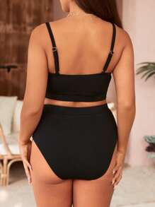 Swim Vcay Summer Beach Plus Size Solid High Waisted Bikini Set