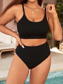 Swim Vcay Summer Beach Plus Size Solid High Waisted Bikini Set