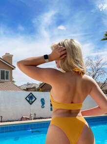 環狀連接領式夏季沙灘比基尼套裝 - 芥末黃 - 查看 2