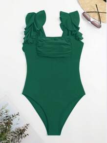 SHEIN Swim Phụ nữ một mảnh Xù Nếp gấp Phần Ngực màu trơn - Màu xanh lá cây đậm - Xem 5