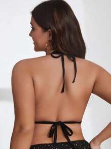 SHEIN Unity Top bikini triángulo con lentejuela en contraste halter - Negro - Ver 2