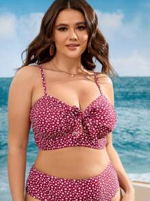 SHEIN Swim Curve Summer Beach Plus Ditsy Floral Print Knot Front Cami Bikini Top - Multicolor - View 4