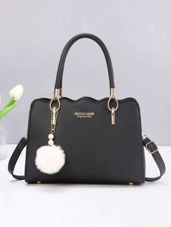 轻便、商务休闲女士优雅手提包挎包、经典单肩包、带绒球装饰的手提包、母亲节礼物，适合妈妈、女士、新手和白领工作者，适合少女、女大学生、新手和白领工作者，非常适合办公室、大学、工作、商务、通勤、户外、旅行、郊游